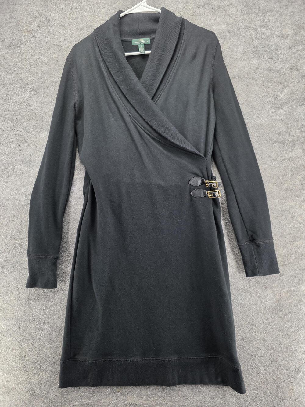 Lauren Jeans Co. Dress Womens S Black Sweater Wrap Belted V-Neck Buckle